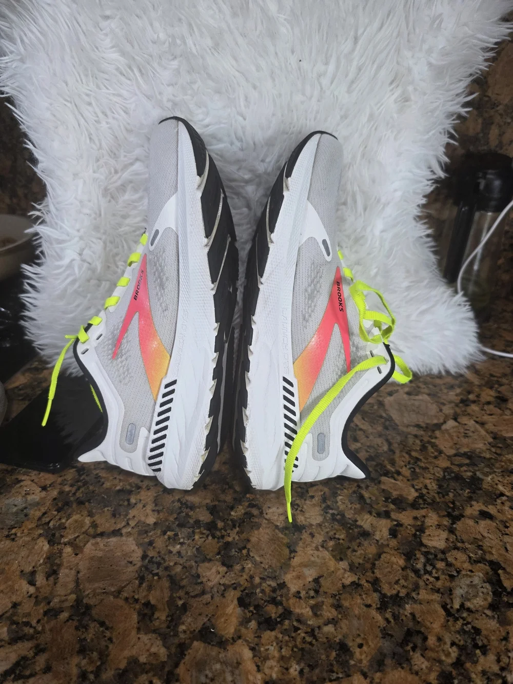 Brooks Women's White Running Shoes with Neon Pink and Yellow Accents